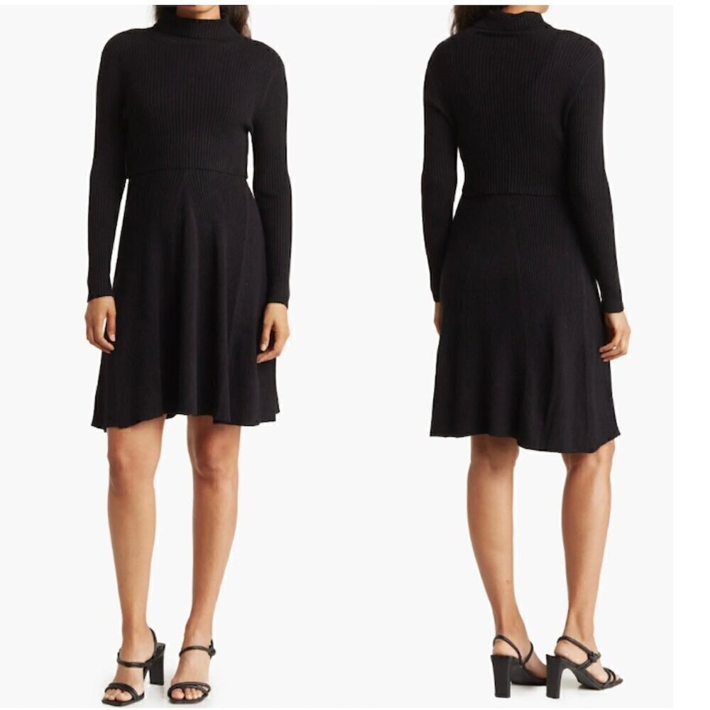 STITCHDROP 2-fer Mock Neck Sweater Dress in Black Size Large